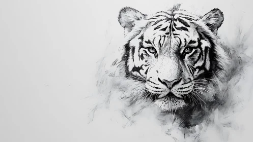 Monochrome Ink Tiger Portrait with Dynamic Negative Space.
