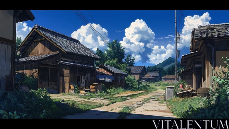 Quiet rural lane with wooden houses under summer sky.