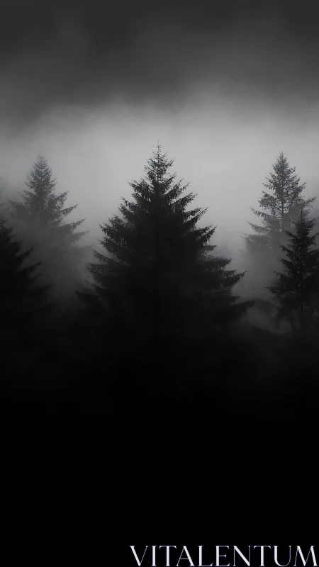 Dense conifer silhouettes in low monochrome forest fog.