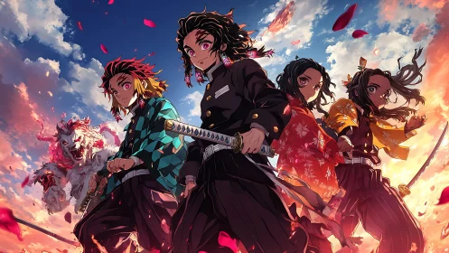 Sword-wielding anime warriors under blazing sunset sky.