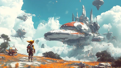 Feline astronaut surveys colossal cloudborne starships.