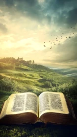 Open book on green hillside under wide dramatic sky.