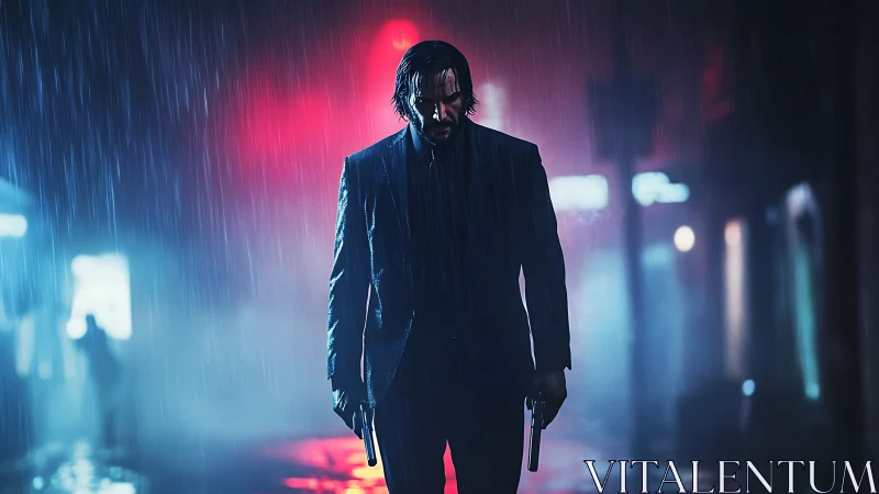 Brooding gunman in neon-soaked rainstorm street scene.