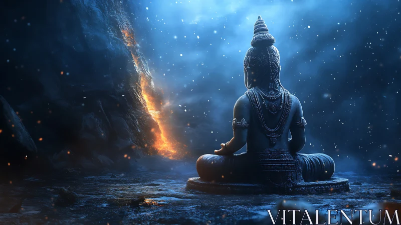 Meditating deity statue before glowing mountain fissure.