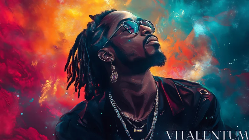 Stylized portrait of man in sunglasses with nebula backdrop.