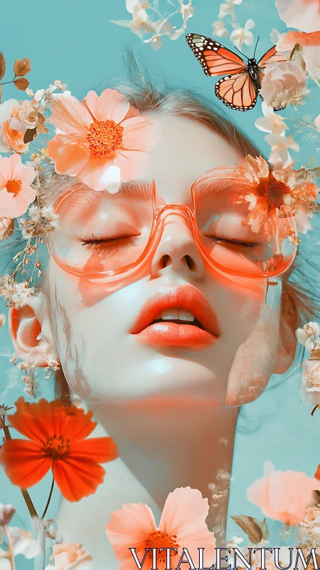 Female face is rendered with floral overlays and butterfly