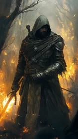 Hooded emberwalker strides through a collapsing forest inferno.