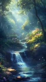 Luminescent Forest Cascade: Chiaroscuro Study of Sylvan Waterscape.