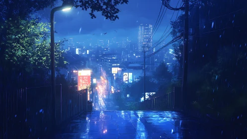 Nocturnal urban slope under reflective rainfall illumination.