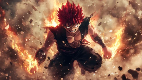 Red haired anime fighter amid flames and debris field.