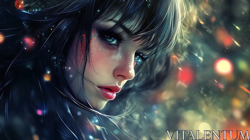 Luminescent cyber portrait of blue eyed girl in bokeh field