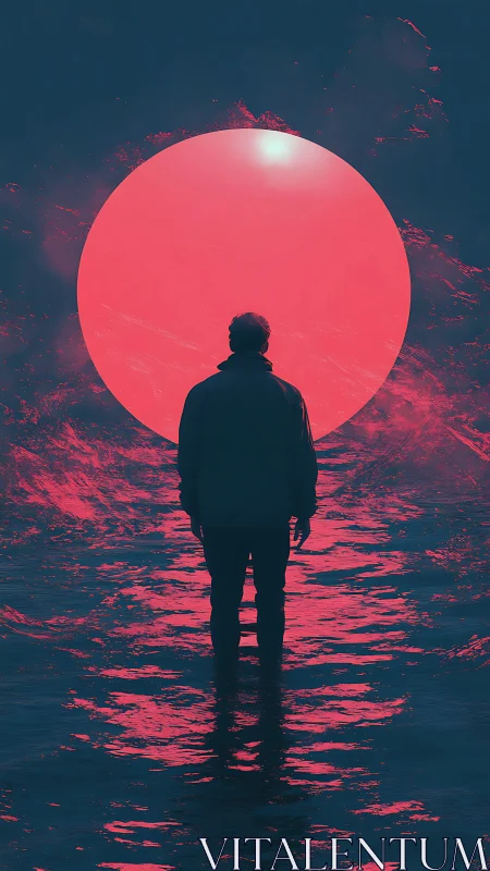 Backlit silhouette facing neon magenta sun over dark water