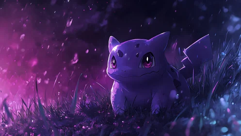 Purple creature in glowing night grass under soft sparks.