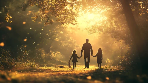Father Walking Children Through Golden Forest Light.