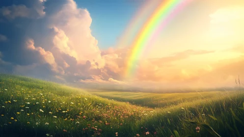 Double rainbow above sunlit wildflower meadow under storm clouds