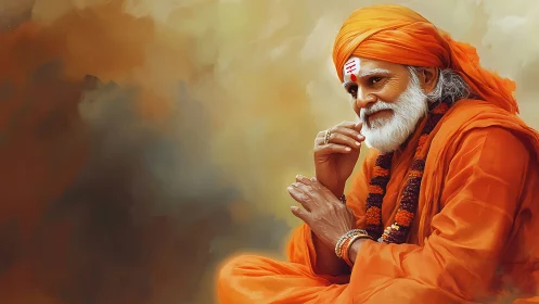 Saffron sage in quiet prayer against swirling golden dusk.