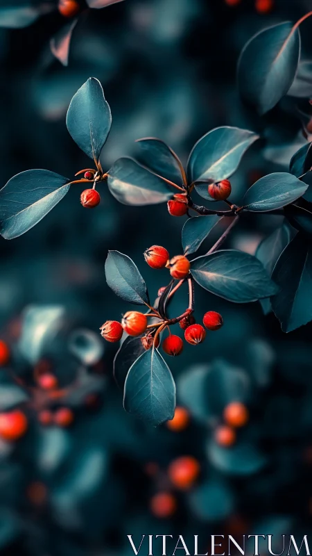 Teal foliage and crimson berries rendered in shallow depth of field