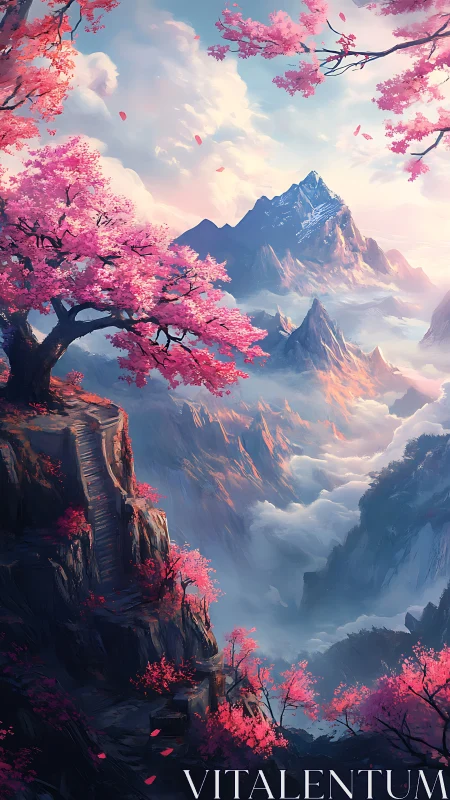 Blossom stairway ascends through clouds to crystal peaks.