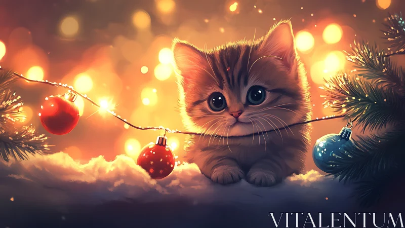 Wide-eyed Christmas kitten guarding glowing baubles softly.