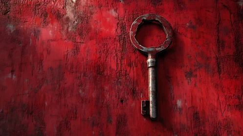 Rusted metal key on distressed red textured wall.