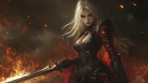 Infernal swordswoman in blackened plate amid rising embers