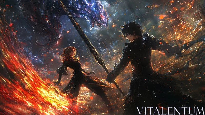 Blazing duel of dark warriors beneath spectral dragon fire.