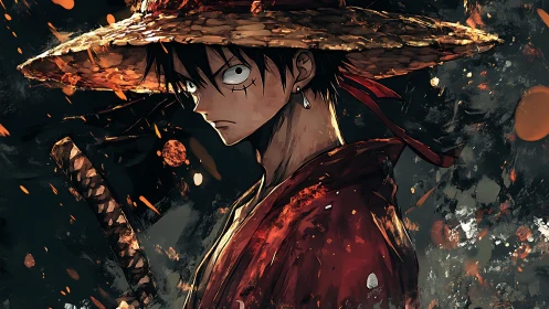 Straw hat swordsman in red coat amid dark sparks.