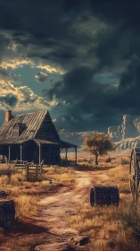 Old wooden farmhouse stands under heavy clouds at sunset