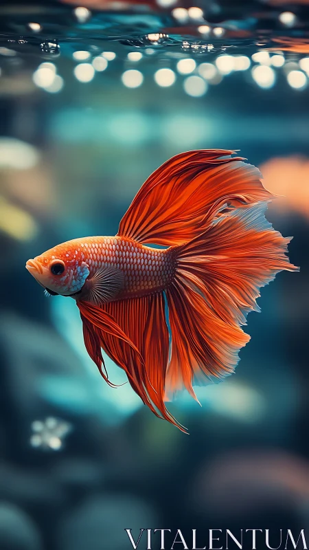 Vibrant red betta fish glides through softly lit aquarium.