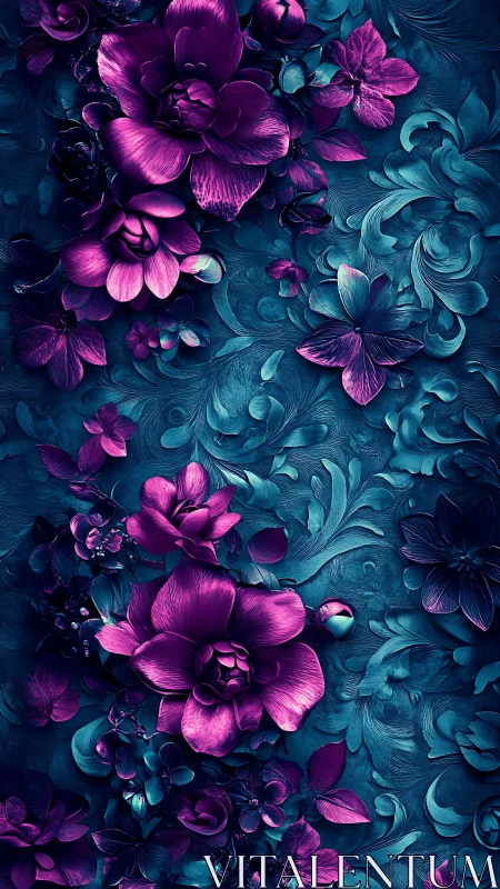 Neon Floral Baroque: Magenta Blooms on Teal Ornament.