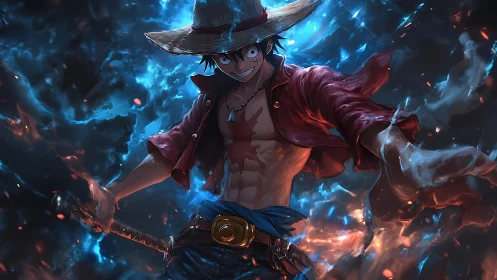 Straw hat pirate warrior in dynamic blue fire vortex stance