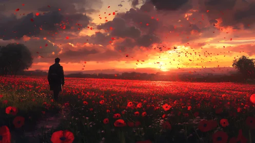 Lone traveler crossing blazing poppy field at sunset.