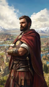 Roman commander overlooking a sunlit valley cityscape.