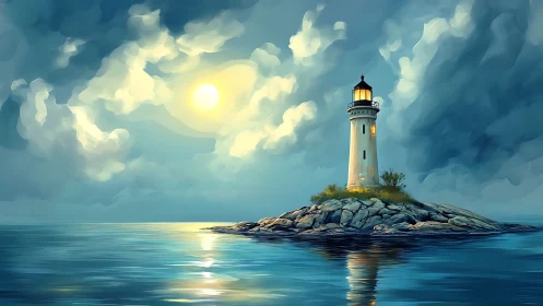 Isolated Lighthouse Structure on Rocky Island Bedrock Formation.