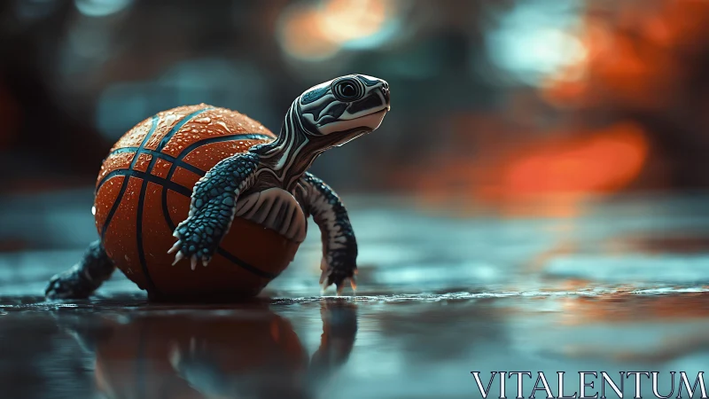 Turtle balances on wet basketball under neon bokeh glow.