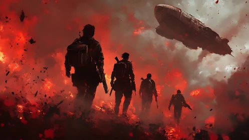 Armed squad advances through incendiary battlefield inferno