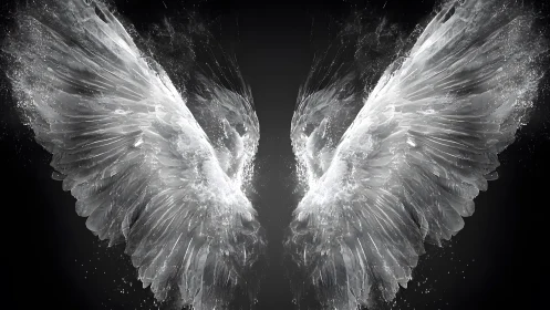 Ethereal Angel Wings in Motion on Dark Background, Digital Art.