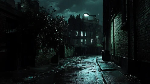 Nocturnal rain-slick alleyway under sodium vapor luminance.