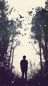 Silhouetted figure studies ascending birds in high-contrast forest