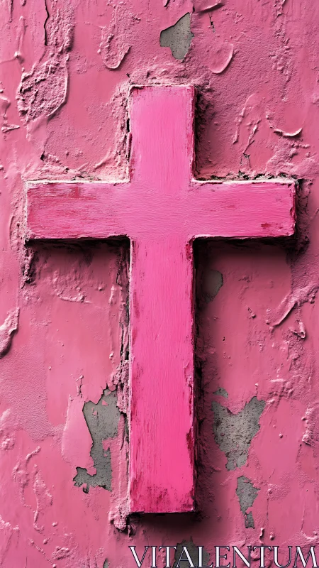 Weathered pink cross quietly glows over peeling plaster