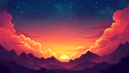 Vibrant stylized mountain sunset with glowing cloudscape.
