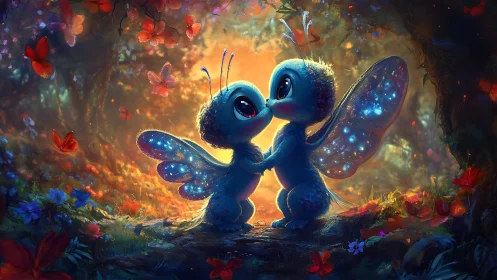 Two Luminescent Creatures with Bioluminescent Wings Interacting.