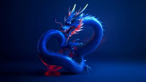 Coiled blue dragon figure glows under dramatic rim lighting