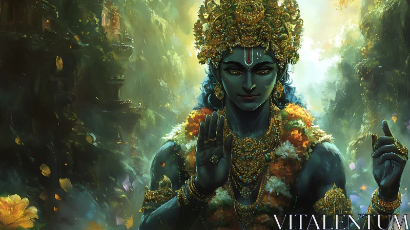 Divine blue deity stands serene amid glowing forest temple.