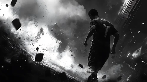 Soccer player strides through exploding smoky stadium scene.