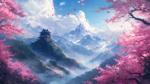Mountain pagoda amid drifting sakura over misted valley.