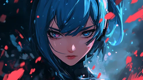 Cybernetic blue-haired warrior with burning crimson gaze.