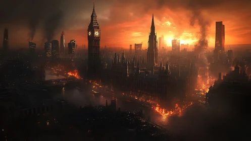 Apocalyptic London skyline burns beneath a blazing sunset.