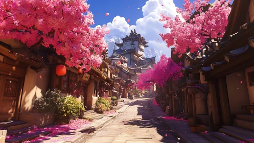 Cherry trees line a traditional Japanese street in bloom