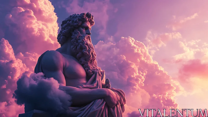 Colossal mythic statue rendered against luminous pink clouds